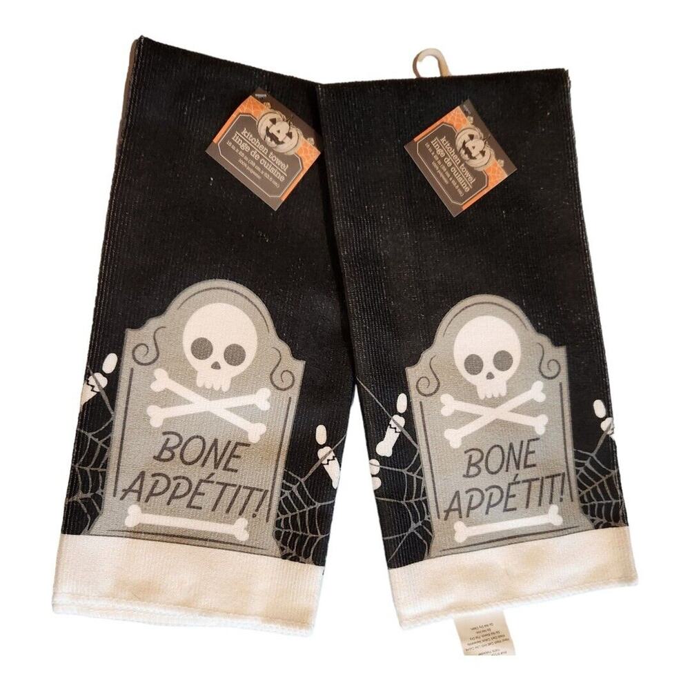 Halloween Kitchen Towels BONE Appetit Skull & Crossbones on Tombstone Web Set 2